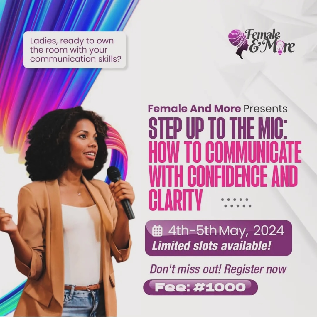 femaleandmore's tweet photo. Register for the FAM communication Masterclass and learn to  Pitch Yourself for Success for just #1000 or $1
See link in our bio or use
https://t.co/WYnYKLYduA

Date :4th - 5th May
Time: 6pm WAT daily
Venue: Google meet
See you in class
#femaleandmore #communicationforsuccess https://t.co/MNawwU7jBM