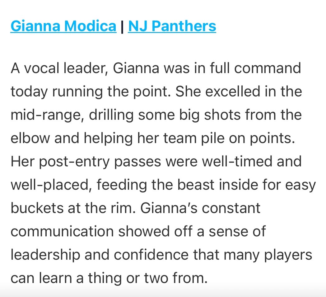 Gianna Modica (@giannamodica02) on Twitter photo Thank you for the write up <a href="/PGHNewJersey/">Prep Girls Hoops New Jersey</a> !! I had a great time competing with my team in our first live period tournament. Looking forward to what’s next for us!
<a href="/nj_panthers/">NJ Panthers</a> <a href="/CoachZ_NJP/">Zakiya Beckles MAT, LAT, ATC</a> <a href="/CoachJordanNJP/">Jordan Stites</a> Thank you for the write up <a href="/PGHNewJersey/">Prep Girls Hoops New Jersey</a> !! I had a great time competing with my team in our first live period tournament. Looking forward to what’s next for us!
<a href="/nj_panthers/">NJ Panthers</a> <a href="/CoachZ_NJP/">Zakiya Beckles MAT, LAT, ATC</a> <a href="/CoachJordanNJP/">Jordan Stites</a>