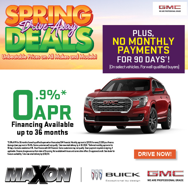 🌼 Catch the breeze this spring in your brand new ride from Maxon Buick GMC! Our Spring Drive-Away Deals are happening now!  🚘💨
bit.ly/3fhNjNy
.
.
.
#MaxonAutoGroup #YesMaxon #MaxonBuickGMC #GMC #caroftheday #Offers #Lease #BuyNew #ShopNow #CarSpotting #CarsUnlimited