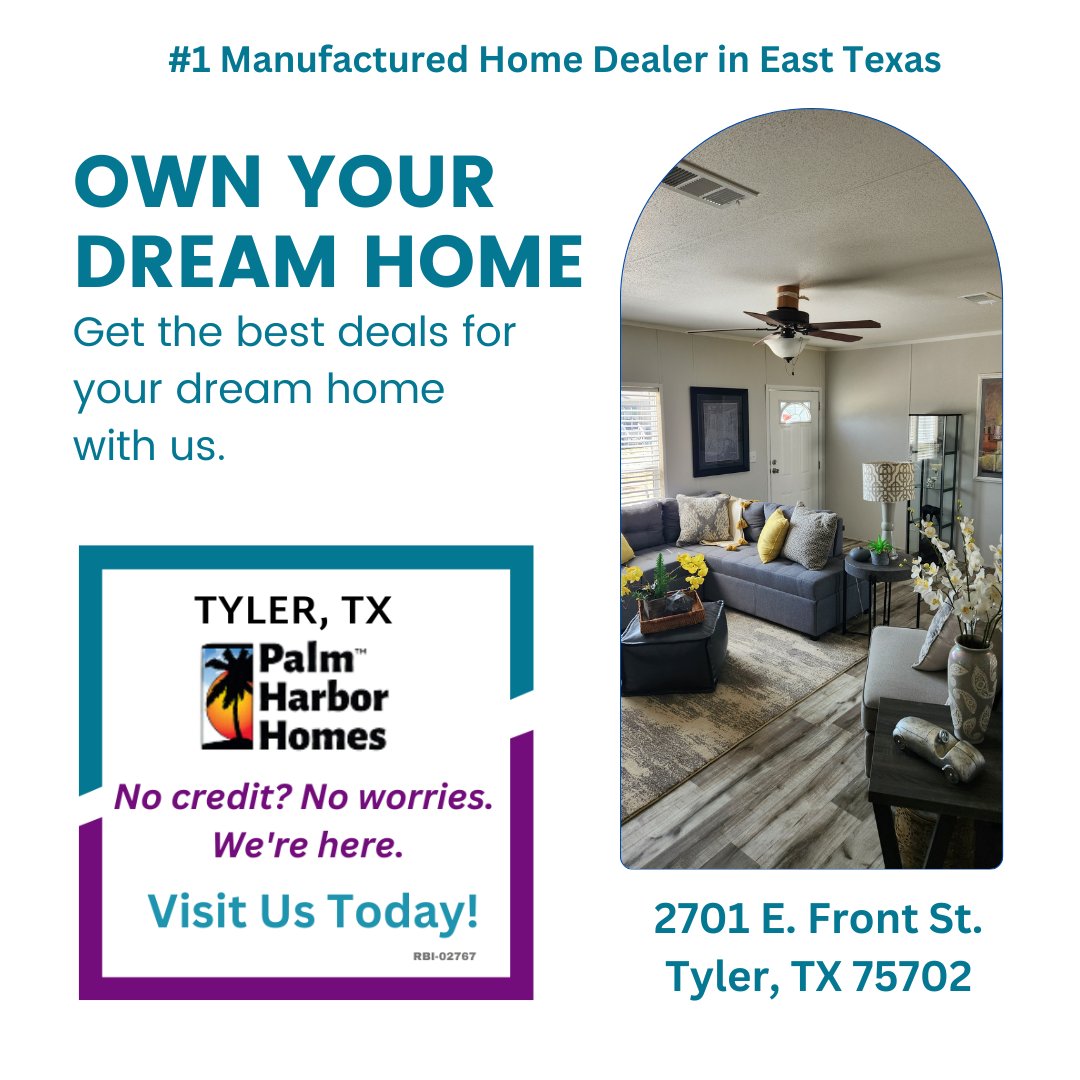 Visit Palm Harbor Homes at 2701 E. Front St., Tyler, TX, and let the journey to your dream home begin! Your dream, our priority. 🏡📞(903) 595-4411
------Equal Housing Opportunity Provider