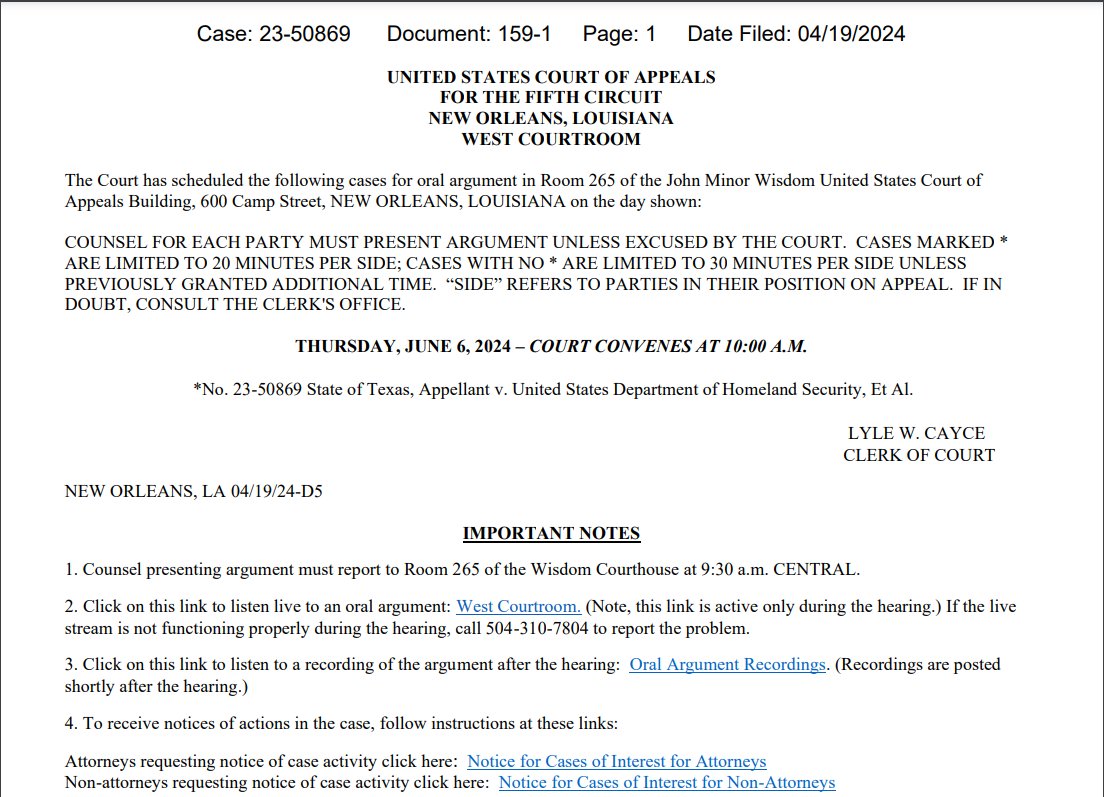 Texas razor wire case update: oral argument at 5th Circuit Appellate Court scheduled for 6/6 at 10am Court let TX supplement record so now includes letters from DHS general counsel to AG Paxton demanding access to Shelby Park & testimony from CBP storage.courtlistener.com/recap/gov.usco…