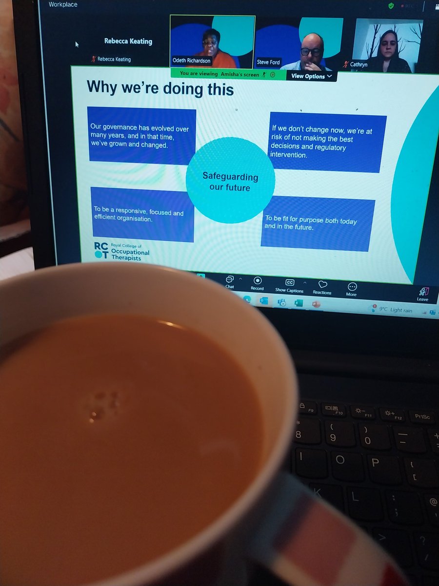 A cuppa and governance catch up this evening with @theRCOT . Gratitude to all who have been reviewing what needs to happen in coming years to ensure we're compliant in our approach. @OdethRichardson @SteveGFord Kate and Catlyn - thanks 👏 Look out for this 👀 get involved OTs 💚