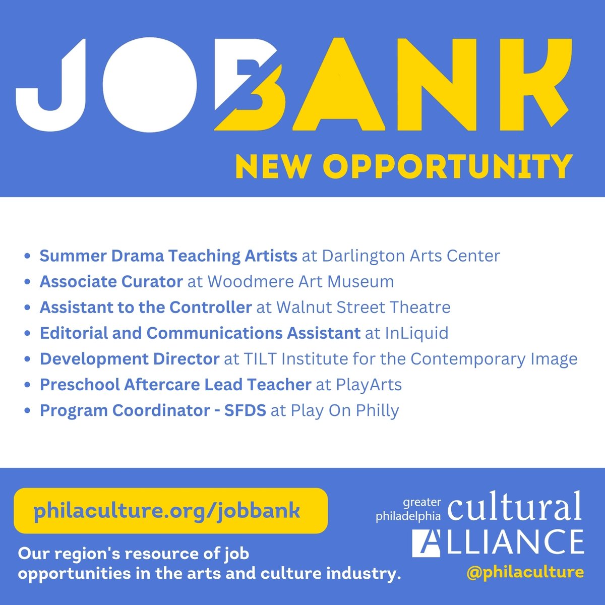 Have you visited the Job Bank this week? There are so many great adventures awaiting for you at organizations like: @DarlingtonArts, @WoodmereArt, @WalnutStTheatre, @inliquidart, @tiltinst, @PlayOnPhilly, and more! Learn more at philaculture.org/what-we-do/job…