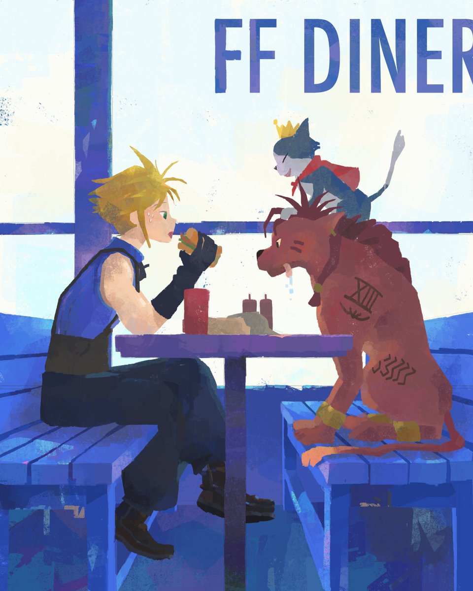cloud nanaki and cait sith at a diner 🍔 I beat ff7 rebirth last week! hoorayyyy!! done for #pleinairpril2024