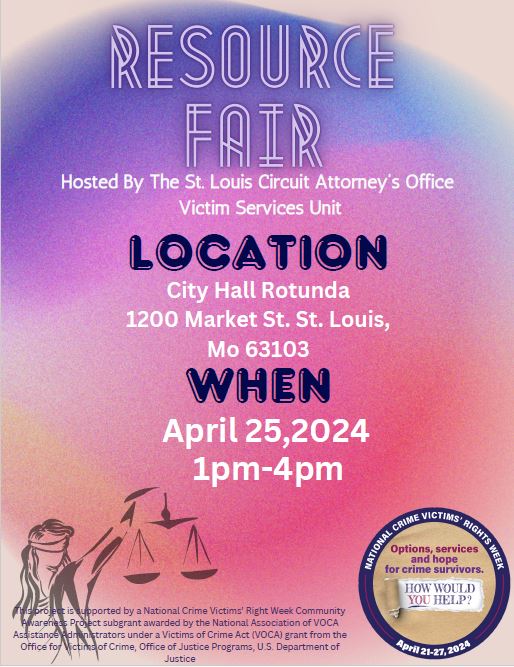 We invite you to join us this Thursday at the Crime Victim's Rights Week resource fair at City Hall. Our Victim Advocates will be available to discuss our victim resources. #STL