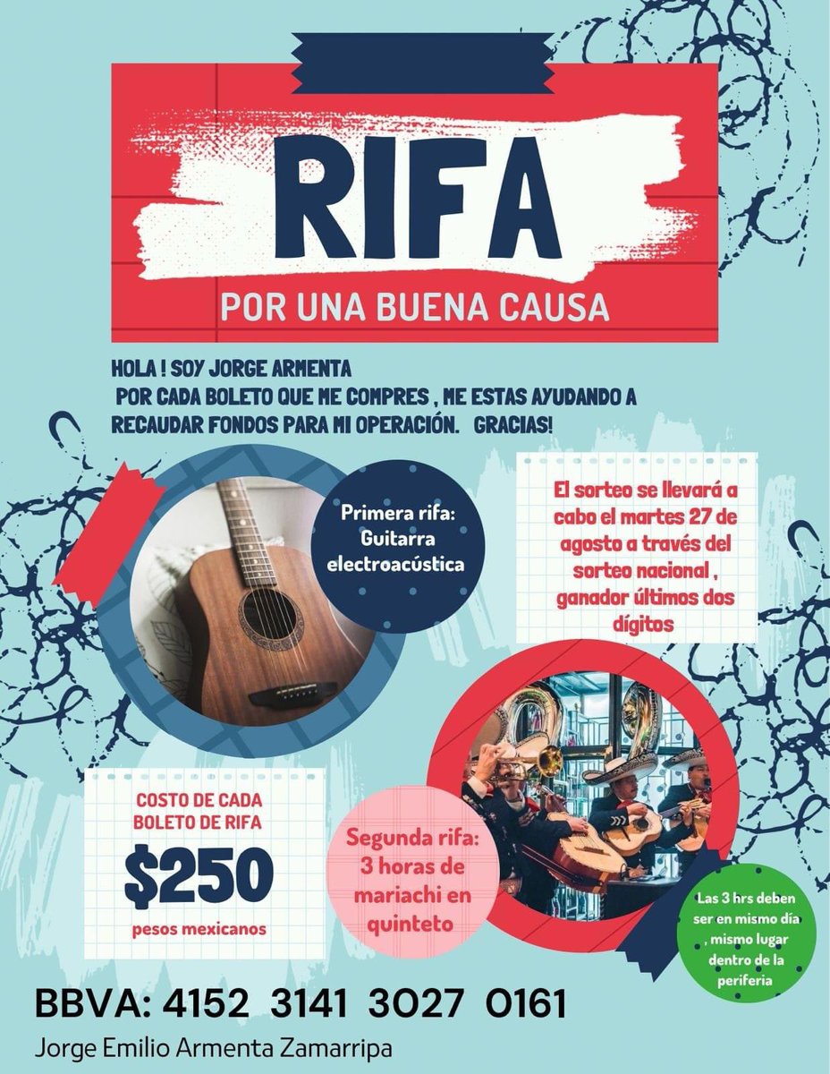 Hola, amigos, mi papá ha tenido problemas graves con su columna y requiere una operación. Como saben, él es músico y el sistema de salud para el sector cultural es terrible. Así que está haciendo una rifa para completar sus gastos. Si quieren apoyar o compartir, aquí la info.