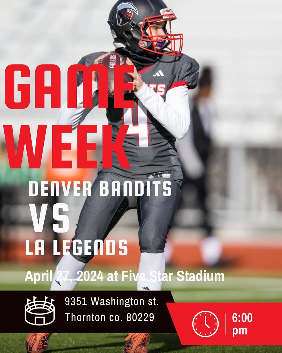 DenverBanditsFB's tweet photo. GAME WEEK! Don’t miss our home game this Saturday April 27, 2024 vs. the Los Angeles Legends! Game will be @ Five Star Stadium, kickoff @ 6:00pm! Be there! #wnfcfootball #HerGame #ballinginlove #lawlessgang #womensfootball #femaleathlete #denver #wnfcproud #gameweek #football https://t.co/HLvxgPVOEt