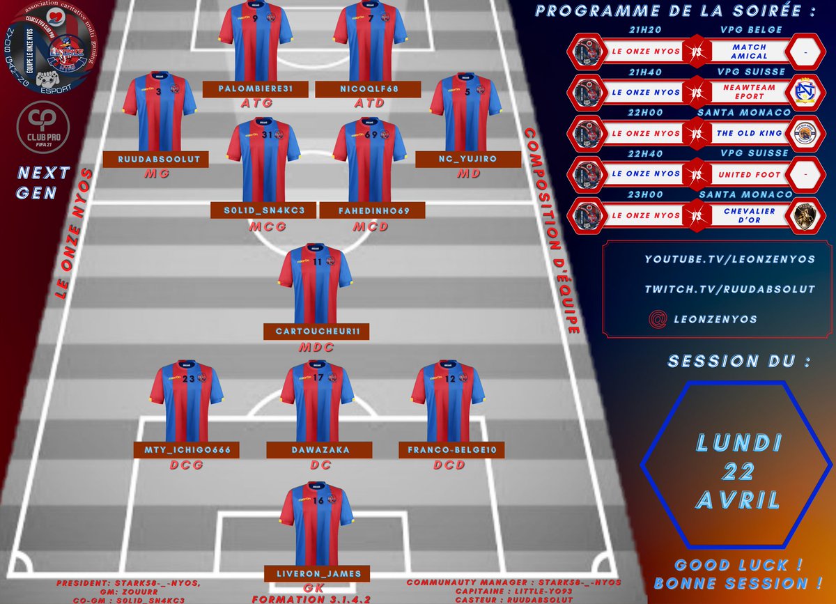 Bonsoir amis supporters

Voici notre 11 de ce soir ainsi que notre programme.

Bonne session a tous !