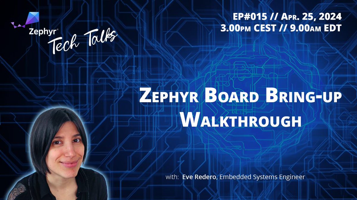 #Embedded systems engineer Eve Redero joins @kartben
on Wed, April 24 at 6 am PT to discuss how to get #ZephyrRTOS up and running on a new board you designed (or one that is not supported by @ZephyrIoT just yet). Subscribe to the #TechTalk livestream: hubs.la/Q02tG9br0