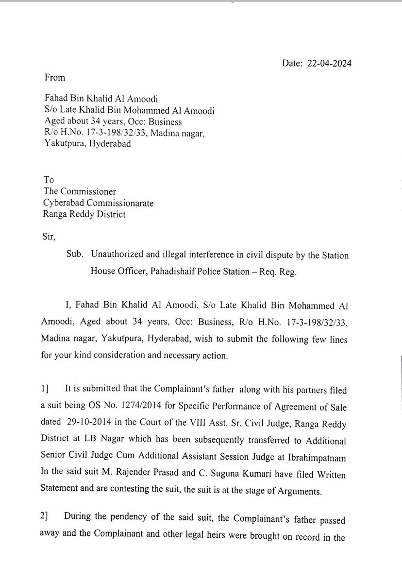 amjedmbt's tweet photo. .@RachakondaCop Sir, One late Khaled Bin Shaik Mohammed Al Amodi resident of Madina Nagar, Yakutpura Assembly Constituency and personally known to me since long bought a land admeasuring 1.0 Acres at Sardar Nagar, Pahadeshareef during 2013 from one Mohd Osman who inturn bought the land from Sri Rajender Prasad and Smt C Suguna Kumari.

When Mohammed Osman was not coming for registration he approached the L B Nagar Court making all above oweners party and since then the land is in his sons occupation.

Khaled Bin Shaik Mohammed Al Amodi died during 2015 and his sons are persuing the case now in Ibrahimpatnam Court vide OS No: 1274/2014 and still the position is with them.

Today early morning his sons came to know that one son of Sri Rajender Prasad and Smt C Suguna Kumari along with some 30-40 anti-social elements consisting of ladies along with lock cutting machine and JCP's wanted to enter the land and take https://t.co/bA2MOrXunC soon as the sons of late Khaled Bin Al Amodi came to know they immediately rushed to the spot and one son Fahad Bin Khaled Al Amodi approached Pahadeshareef Police Station for help against anti-social elements.

Fahad Bin Khaled Al Amodi met P Guruva Reddy Inspector of Police Pahadeshareef Police Station at around 12:00 PM and after listening the case the Inspector misbehaved with the complainant and immediately snatched his bag full of original pappers and also snatched his phone and made him sit till late evening then my elder brother Majeed Ullah Khan @ Farhat Khan (President) MBT spoke to senior Police Officials then he was released at around 6:30 PM keeping original pappers bag and asked him not to be seen on site and also asked him to come to DCP Maheswaram Office on 23rd April 2024.

The act of Inspector of Police, Pahadeshareef involving in civil dispute is voilation of rules and instead of taking action against anti-social elements for trying to take position forcibly without court orders.

Kindly interfere in this matter and see that the Inspector of Police Pahadeshareef doesn't take partisan attitude and harrasse the innocent and persons who approached police for help.Necessary action taken in this regard may be informed.

Fahad Bin Khaled Al Amodi can be contacted on 9393050584.
@PahadishareefPS @acpmrwm @DCPMaheshwaram @sushilrTOI @TelanganaDGP @MBTparty