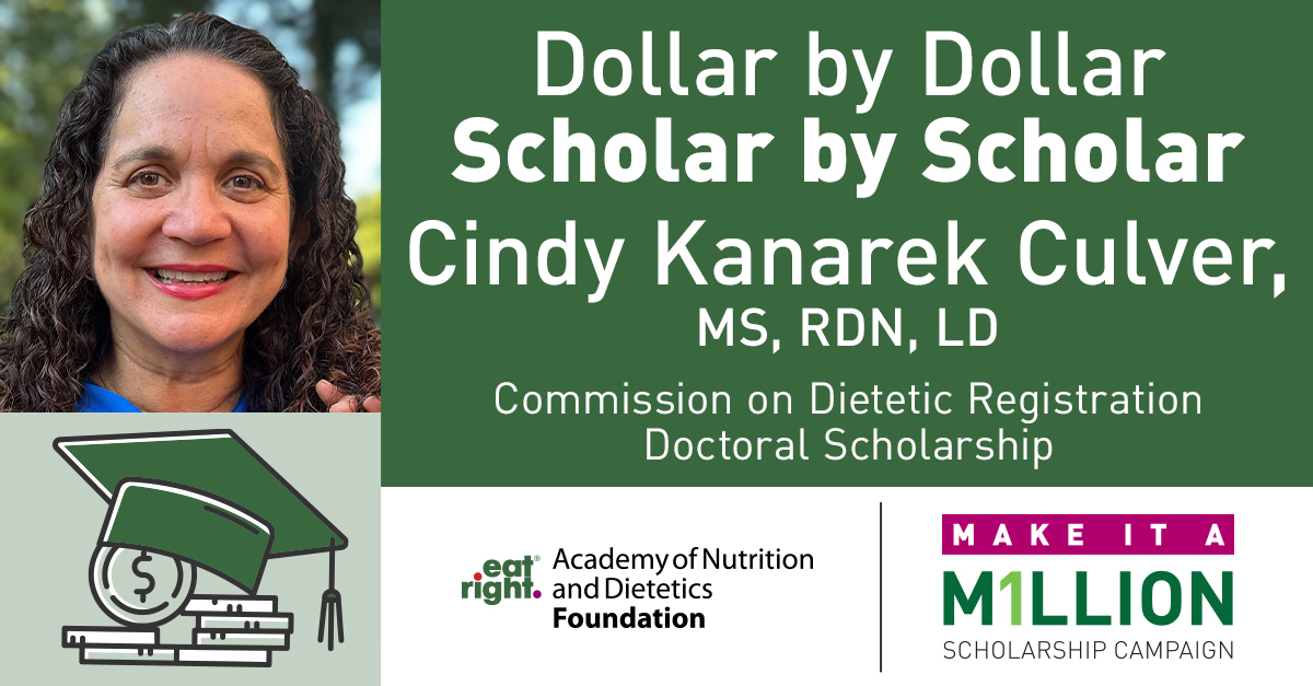 Cindy Kanarek Culver, MS, RDN, LD, received the Commission on Dietetic Registration Doctoral Scholarship! 🥳🎉

Find out how Cindy is using her scholarship, and apply for an #eatrightPRO Foundation scholarship by May 14: sm.eatright.org/CindyCulver/Fo…

#MakeIt1Million #rd2be #futureRDN
