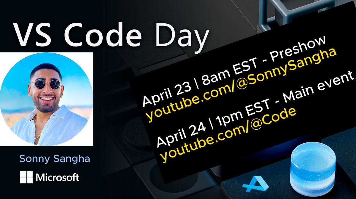 ✨ April 23 is VS Code Day pre-show, where @SonnySangha will present the session, 👉 'Let’s build LinkedIn 2.0 with Azure/NEXT.JS 14!' 🎉 Watch him on his channel April 23 | 8am EST: youtube.com/@SonnySangha Sign up for VS Code Day here aka.ms/vscodedayx