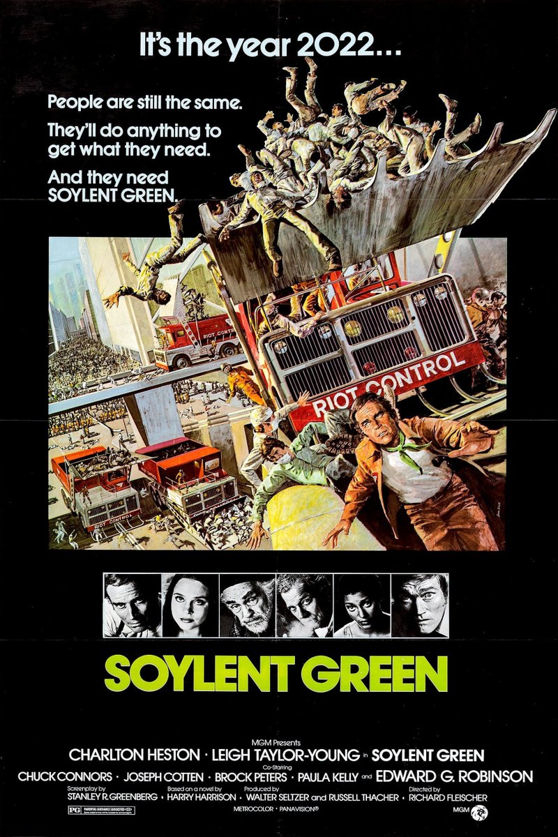 nextbrew's tweet image. My Number one choice for #Earthday #Movie:  Soylent Green.  Made in #1973 and set in 2022 &amp;amp; loosely based on novel by #HarryHarrison it deserves to be rewatch.  Final screen performance of the great Edward G. Robinson. Probably should have popcorn for it. #soylentgreen