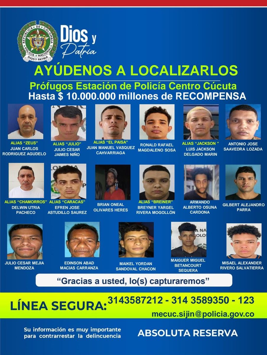 Hasta 10 millones de pesos de recompensa por información que nos ayude a localizar a los prófugos de la estación de Policía Centro en #Cúcuta Comuníquese con la #LíneaContraElCrimen al 3143589350 o 3143587212. 📞💰👮‍♂️ ¡Absoluta reserva! #DiosYPatria