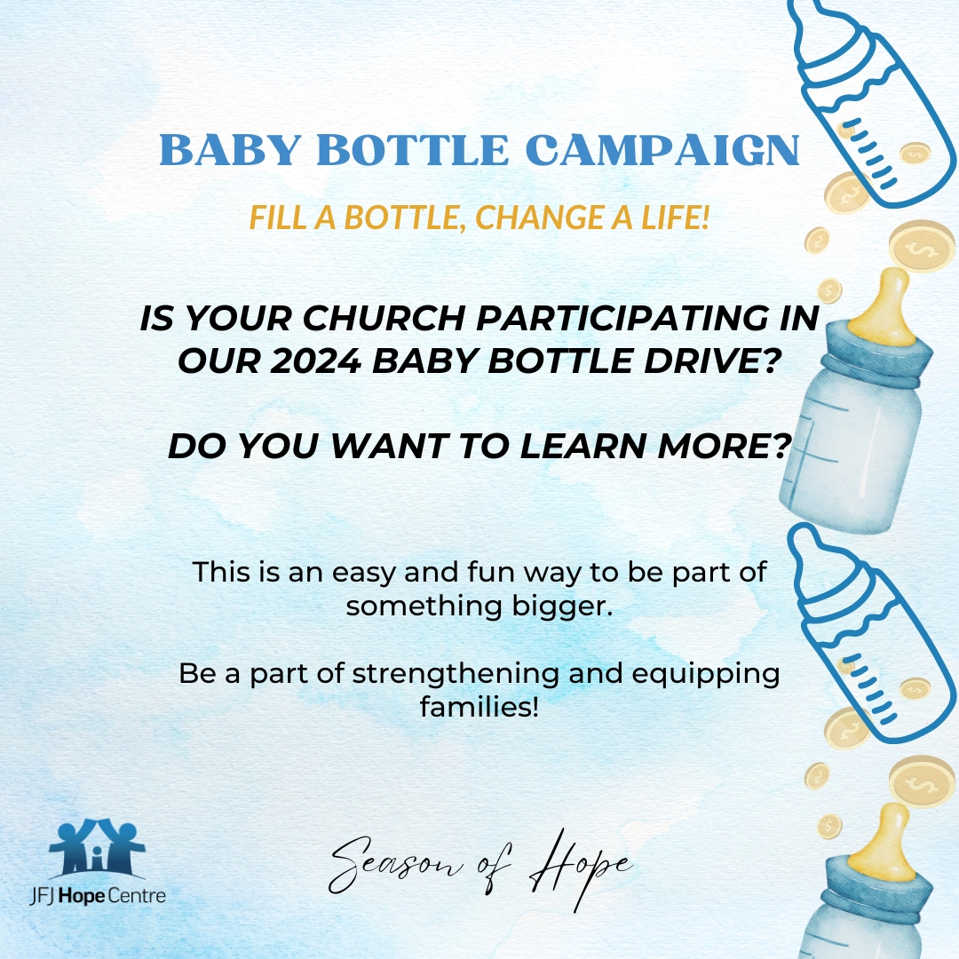 Churches come together each year to participate in and support the JFJ Baby Bottle Campaign. Churches are provided with baby bottles and details around this fundraiser (we do all the work)! Visit jfjhopecentre.ca/baby-bottle-ca…. #support #JFJHopecentre #fundraiser #community #babybottle