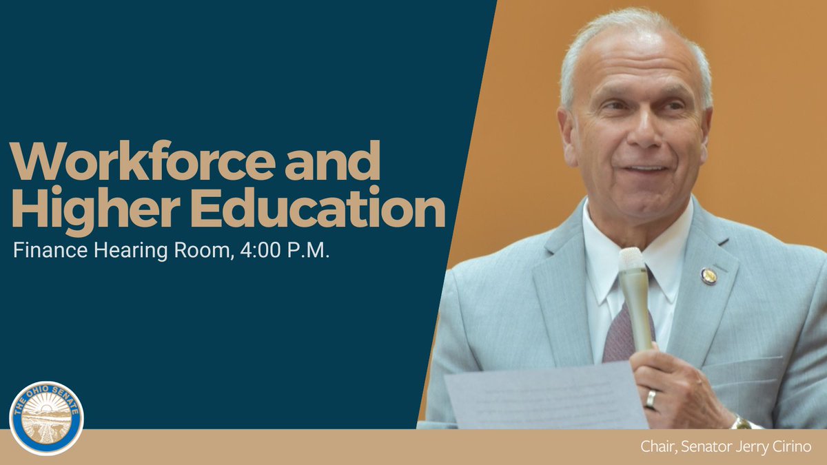 4:00PM: Workforce and Higher Education Committee with @SenatorCirino will meet in the Finance Hearing Room. Tune in on @TheOhioChannel: bit.ly/3U8S9Cz