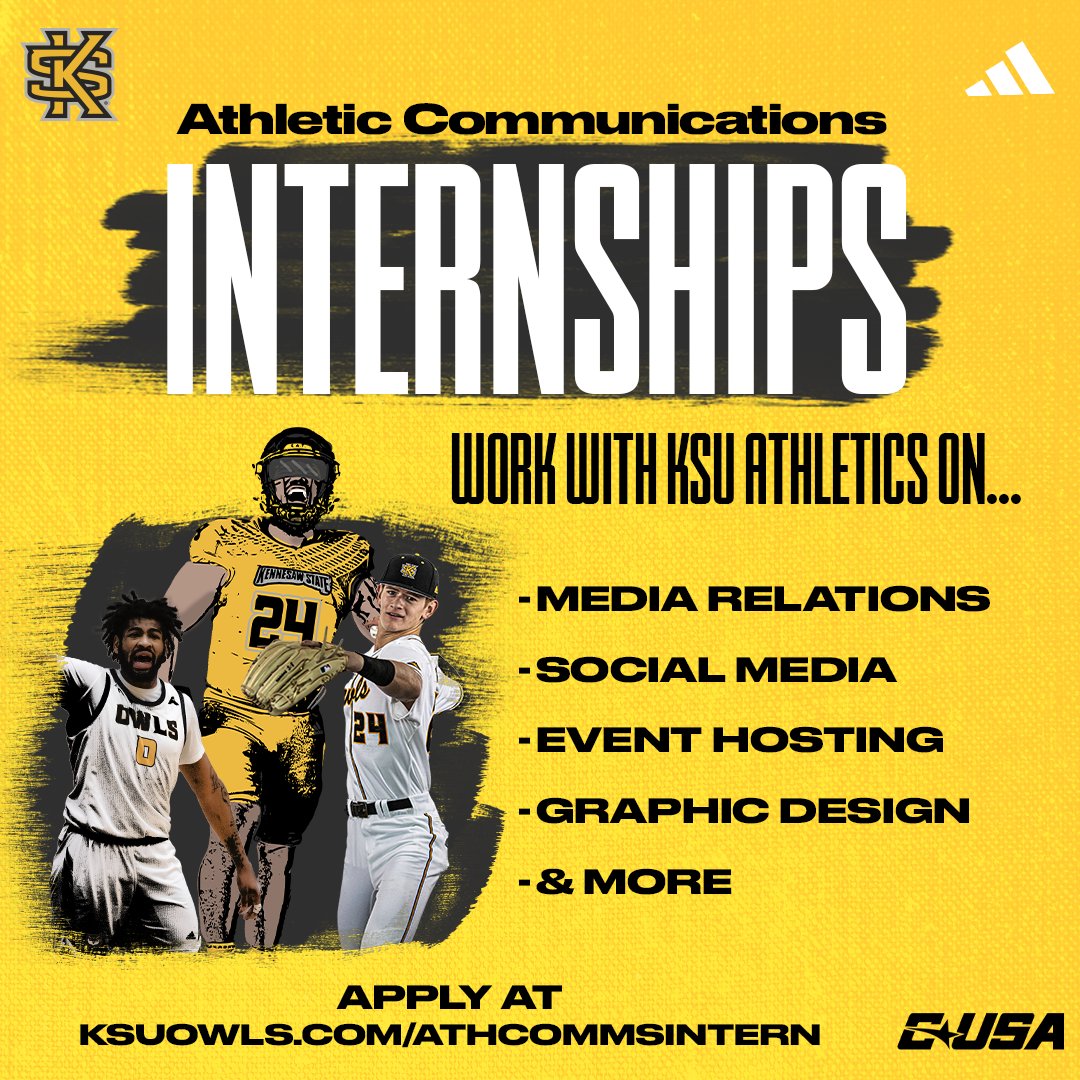 The Kennesaw State Athletic Communications Department is looking for student interns for the 2024-25 season ‼️ For details and how to apply go to ksuowls.com/athcommsintern 🟡🏈🏀⚾️⚽︎🏐🎾⛳️🏃🥍🟡 #HootyHoo