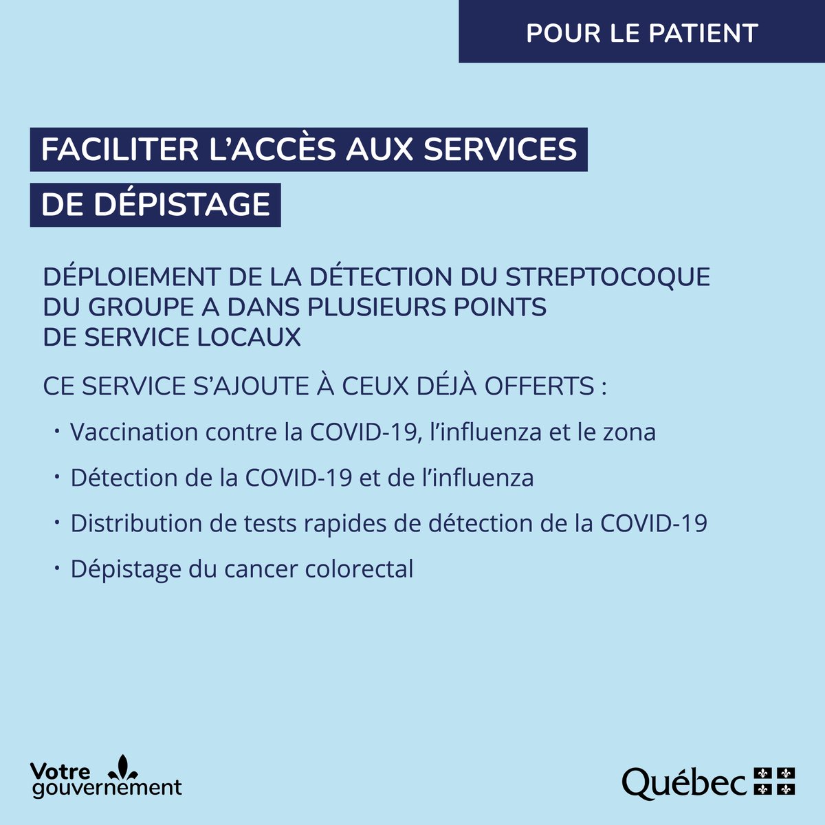 La détection du streptocoque du groupe A est maintenant disponible dans le nombreux points de service locaux, bonifiant ainsi l'offre de prélèvement, de dépistage et de vaccination.

Pour trouver un point de service local près de chez vous:
quebec.ca/sante/systeme-…