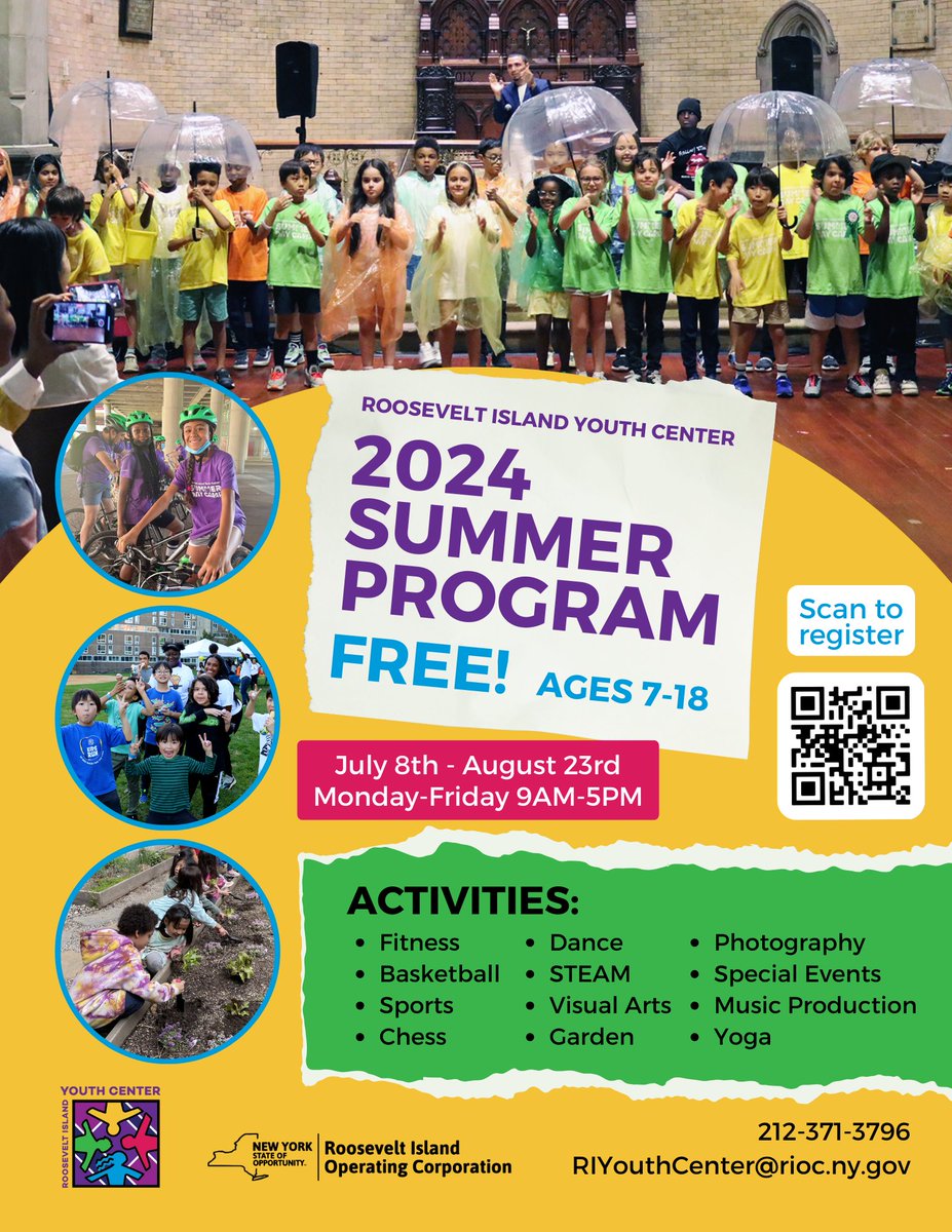 Registration is now open for the Roosevelt Island Youth Center’s 2024 Summer Program! The program is free for all Roosevelt Island residents ages 7-18. Registration will end on May 15th. Visit  rioc.ny.gov/MyAccount/?fro… to sign up online!