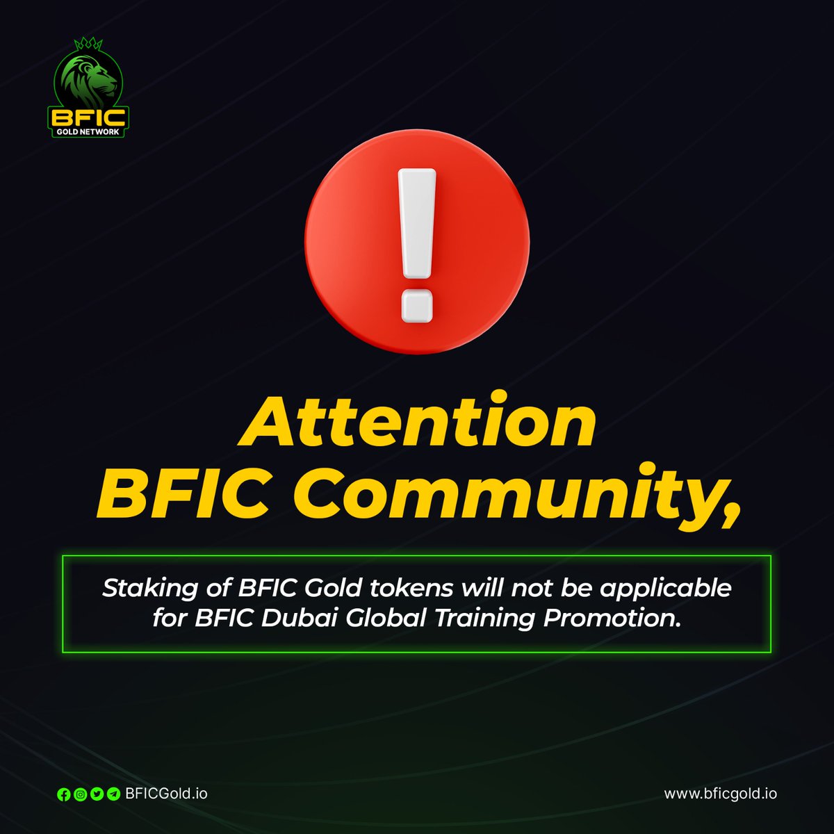 Attention BFIC Community! 🚨

Please note that staking BFIC Gold tokens will not count towards the BFIC Dubai Global Training promotion.

To qualify, stake 10,000 BFIC on each side of your binary tree. 
Win an exclusive Dubai training session for you and 10 of your associates! ⚠️
