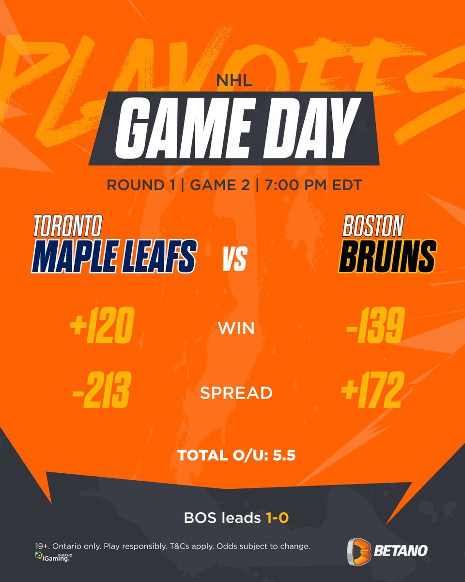 Down 1-0 in the series, the Leafs hit the ice with their sights set on evening the score. 🍁🏒 It's a battle on the Bruins' turf tonight. Will the Leafs be able to even the score? 🥅💪 #BetanoCanada #Hockey
