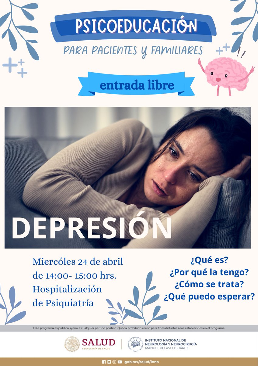 👩‍⚕️👨‍⚕️Te invitamos a una sesión más de nuestro programa "Psicoeducación".

👩‍🏫👨‍🏫Te esperamos este miércoles 24 de abril a las 14:00 hrs. en el aula de hospitalización de psiquiatría para platicar sobre ‘Depresión’. 

Modalidad presencial y gratuita. 

¡Participa!