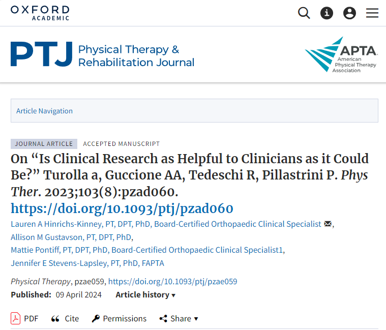 On 'Is Clinical Research as Helpful to Clinicians as it Could Be?' w/ Drs Lauren A Hinrichs-Kinney (Post-Doc Fellow! va.gov/GRECC/easternc…) Jennifer Stevens-Lapsley @JSLapsley (va.gov/GRECC/easternc…) in @PTJournal academic.oup.com/ptj/advance-ar…