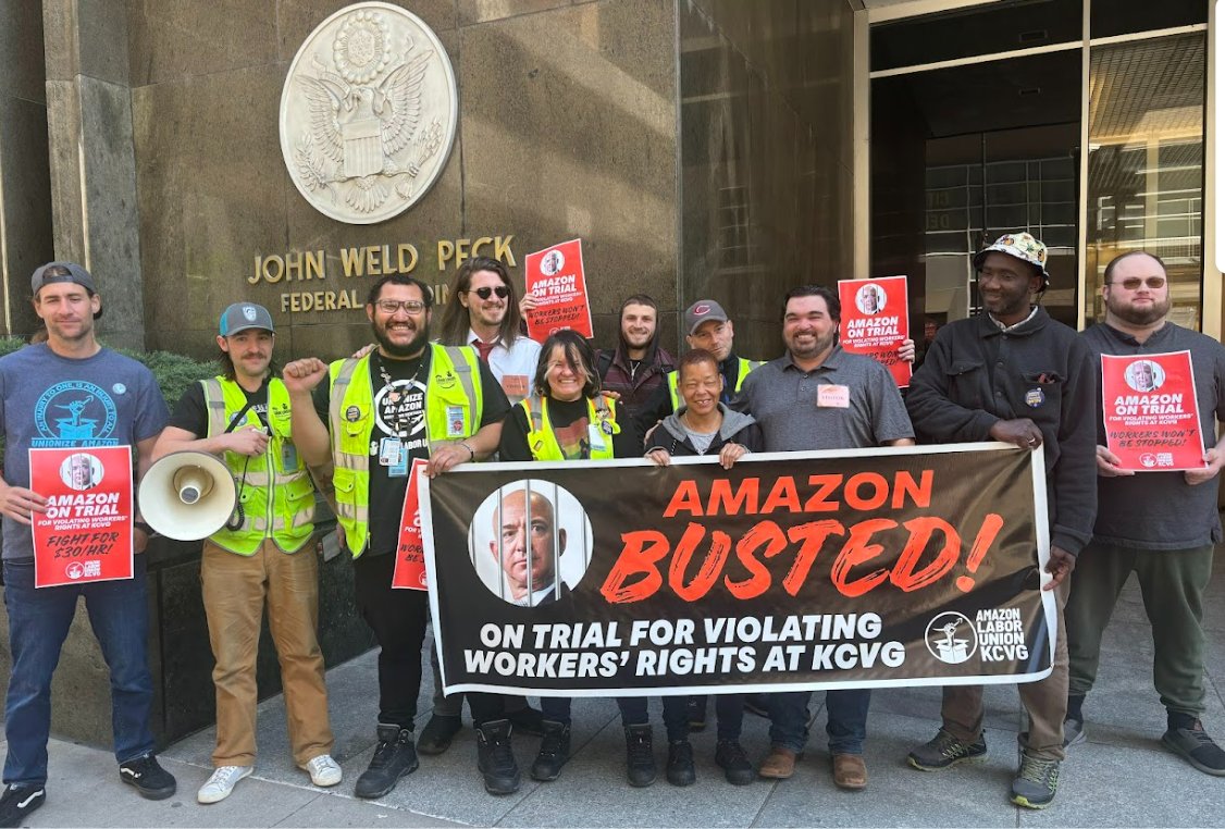 Amazon's on trial today in Cincinnati federal building for illegally spying on and harassing @AmazonUnionKCVG workers! #AmazonBusted