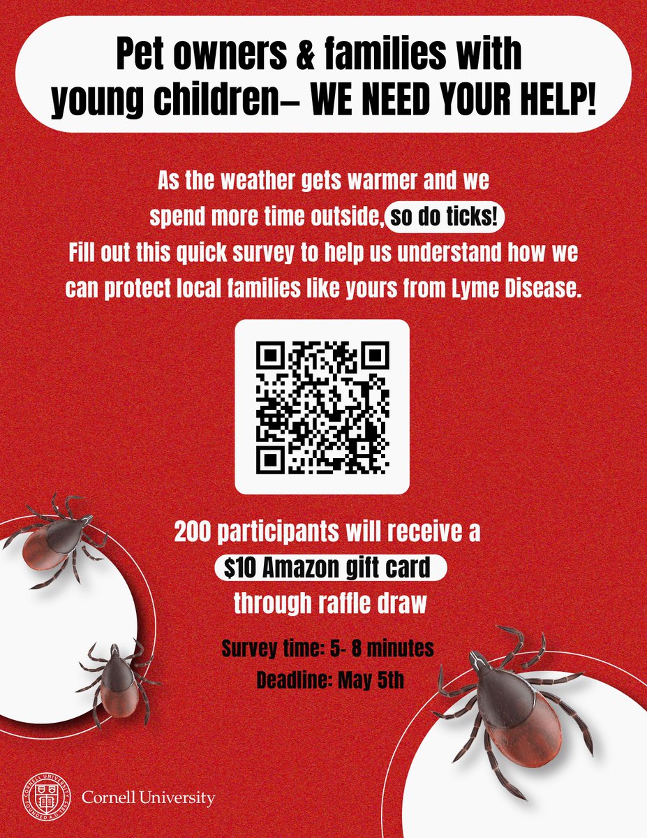 @CornellMPH students are conducting a survey about TICK KNOWLEDGE in Tompkins County. Please take a few minutes to complete their survey. Survey results will help inform an educational campaign on tick bite prevention.
cornell.ca1.qualtrics.com/.../SV_1XGCY1x…
#twithaca