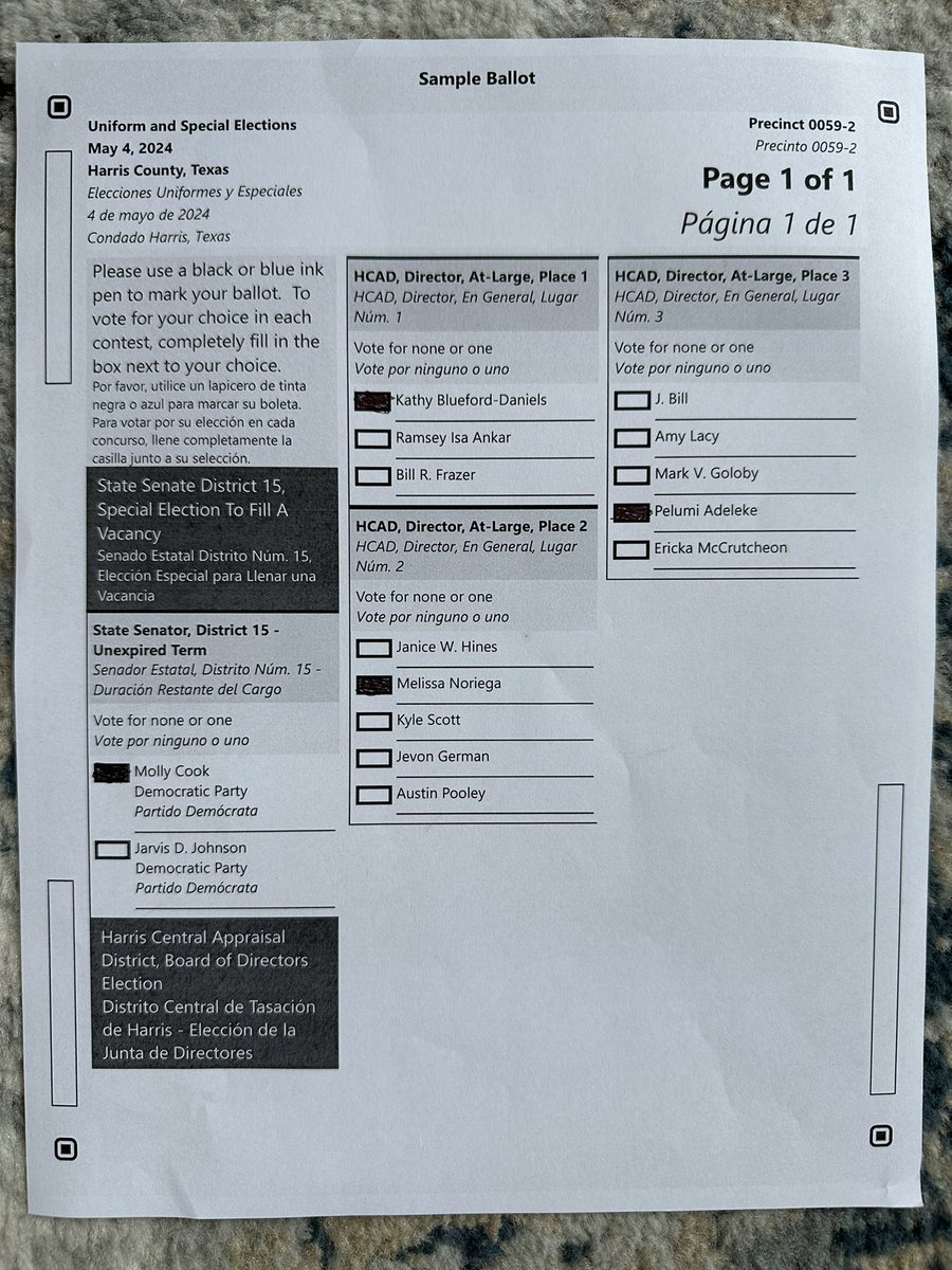 Harris County!! Special Election is on 4May, early voting starts TODAY Apr 22-30. Your sample ballot might not have SD15 on it, but it WILL have the 3 HCAD races on it. See below for my recs!