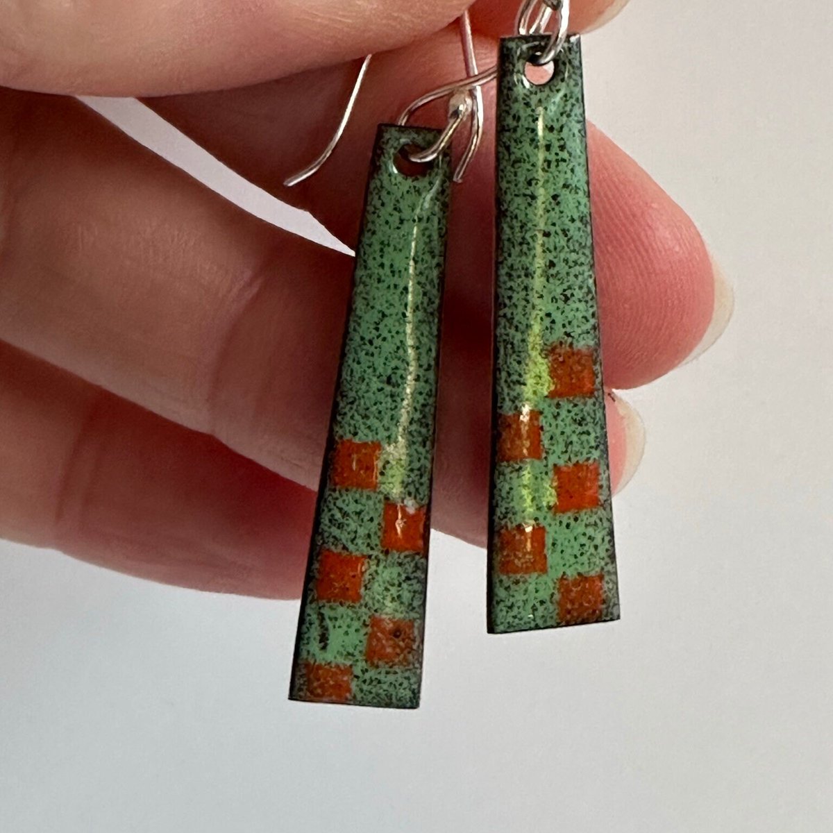 Triangle Enamel Earrings, Artisan Jewellery, Orange and Grey Art Deco Style Drop Earrings tuppu.net/bcff36e7 #MyNewTag #Etsy #MHHSBD #UKCraftersHour #ShopIndie #MaisyPlum #BohoJewellery