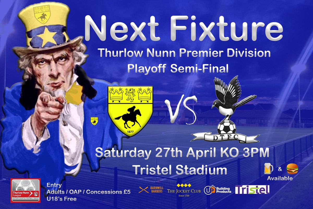 A shout out to ALL Jockey Supporters, We Want You!!! to get down to the Tristel Stadium this Saturday when we entertain @DerehamTown in the @ThurlowNunnL Premier Division Playoff Semi-Final. This is without a doubt the biggest game of the day and not one to be missed.
