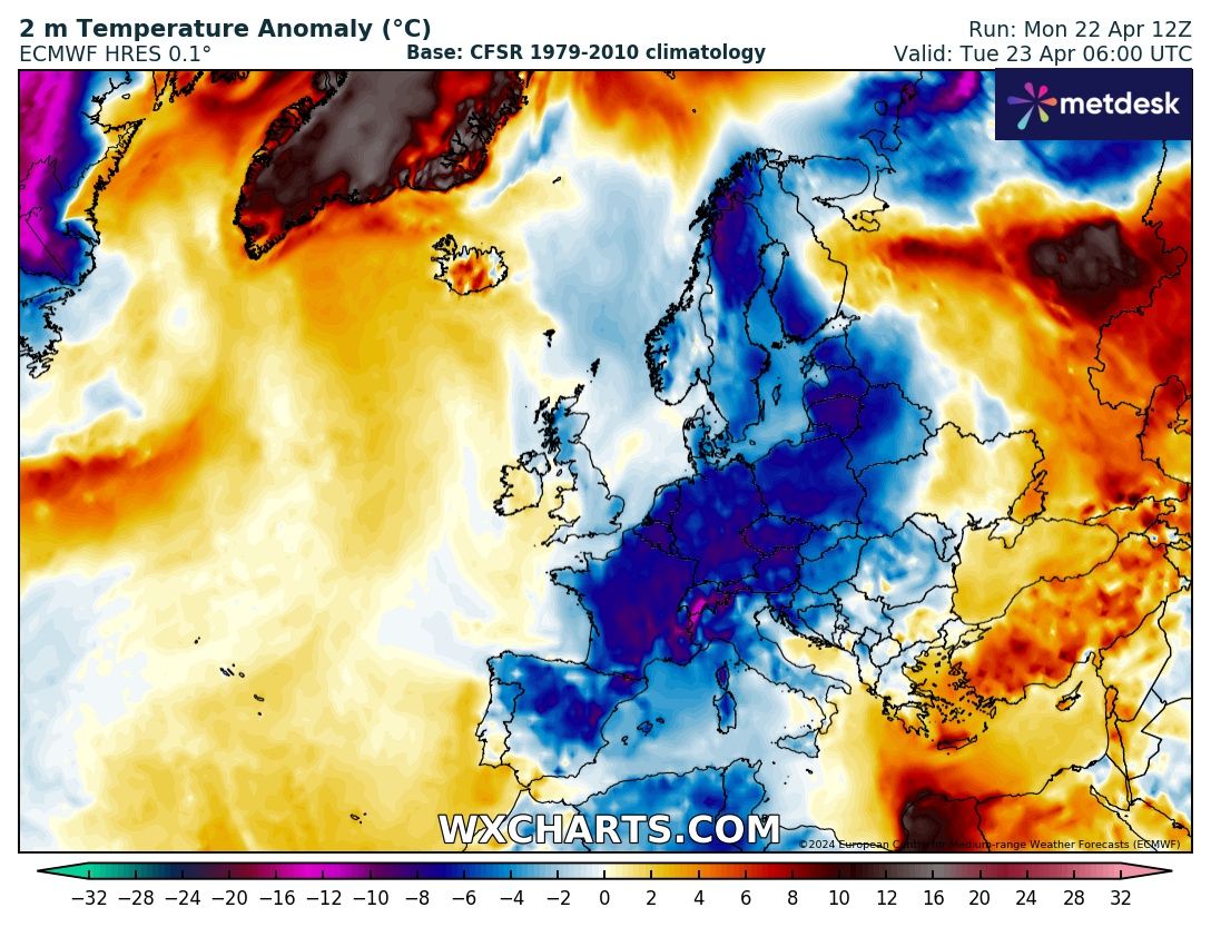 Extreme contrast. April 2024 will go down as one of the most incredible flips on record in Europe. Summer to winter for some. The warmth broke an enormous number of April records and the cold is now beating some late April records.