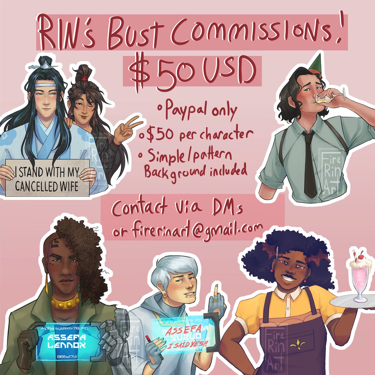 firerinart's tweet image. C0MMISSI0NS OPEN!!
My freelance work has been unreliable lately and I'm hoping to source enough money to fund my upcoming online store (the loki and Wangxian drawings will be sold as stickers there)! Sharing this post would be greatly appreciated!! #artcommissions #ArtCommission