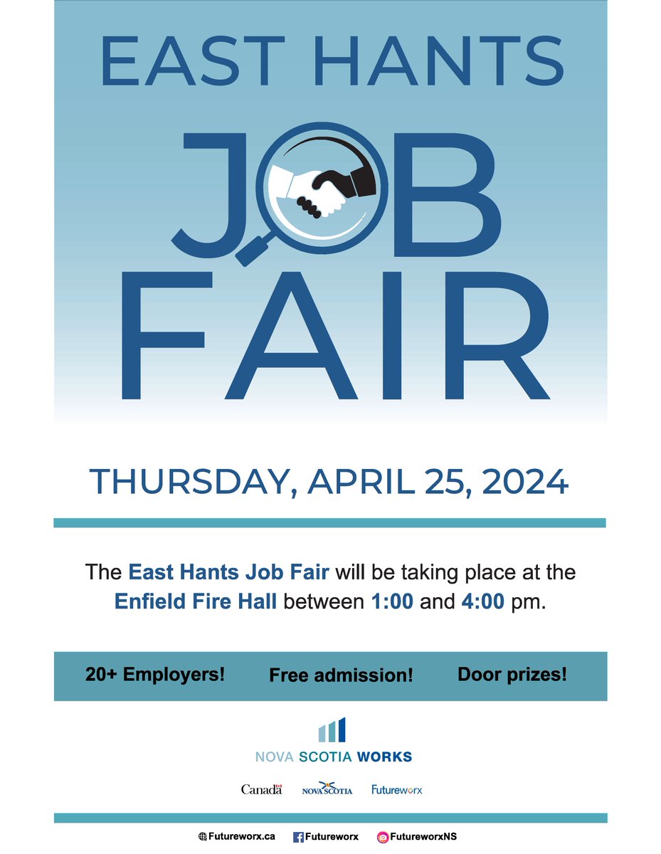 Join us at the Enfield Fire Hall on April 25th from 1:00 to 4:00 pm for the East Hants Job Fair! With 20+ employers attending, it's your chance to explore exciting career opportunities. Admission is free, and there are door prizes for all attendees! Don't miss out!
 #JobFair