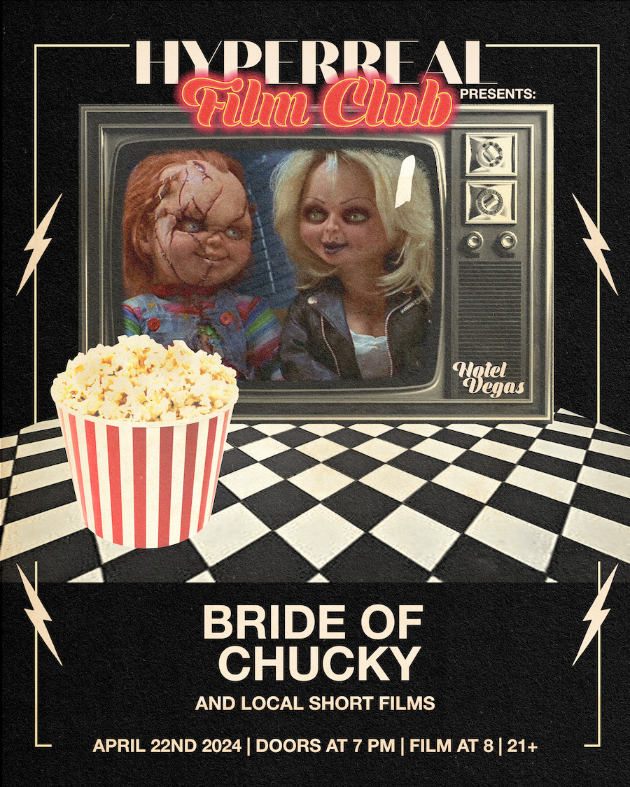 #HYPERREALFILMCLUB HYPERREAL HOTEL RETURNS❗️ 🔪🍿🏨 📈 The vitals: Doors at 7pm 8pm - short film 'Everybody’s Moving To Austin' with filmmaker Nic Giron FOLLOWING: BRIDE OF CHUCKY 🔪 🎟️ at the 🔗 until 7: withfriends.co/event/17462604… 21+ ONLY