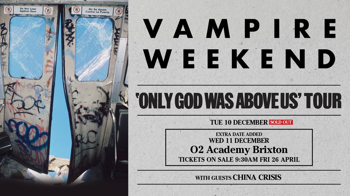 📢 Due to incredible demand, @vampireweekend have added a SECOND night with us here on Wed 11 Dec. Get 48-hour early access Priority Tickets from 9:30am Wed 24 Apr 👉 amg-venues.com/l3Lu50RlvXH #O2Priority #VampireWeekend