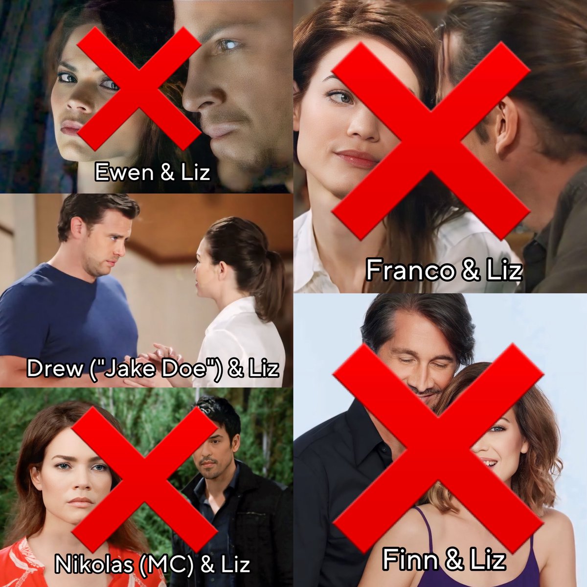 Elizabeth’s love life Elimination game ✨
*Round 11!*

Lucky (GV version) is out! ❌

It’s now between Nikolas (TC), Jason & Drew.

Choose your LEAST favorite Elizabeth ship over the last 26 years! 
• Only choose one or the vote won’t count.
#GH #LizFF #Niz #Liason #LnL2 #Lake