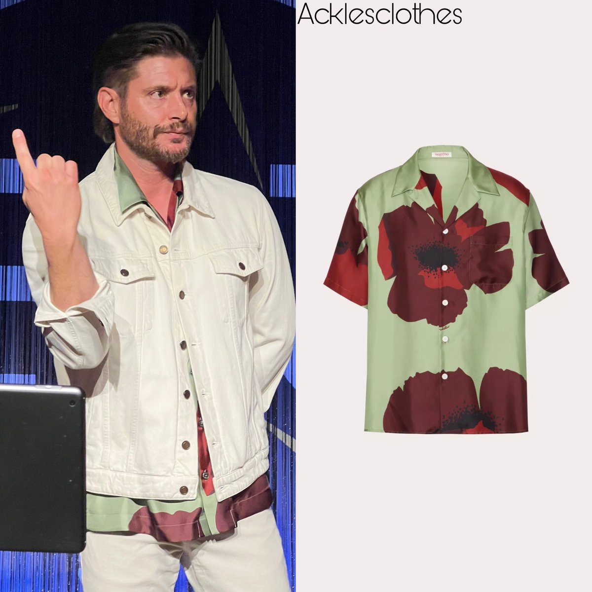 To the concert today in Rome, @jensenackles wore a @maisonvalentino Silk Twill Bowling Shirt with Valentino Flower Portrait Print in Mint/Red/Rubin that sells for $1,750 
Credit: @xmiamigal