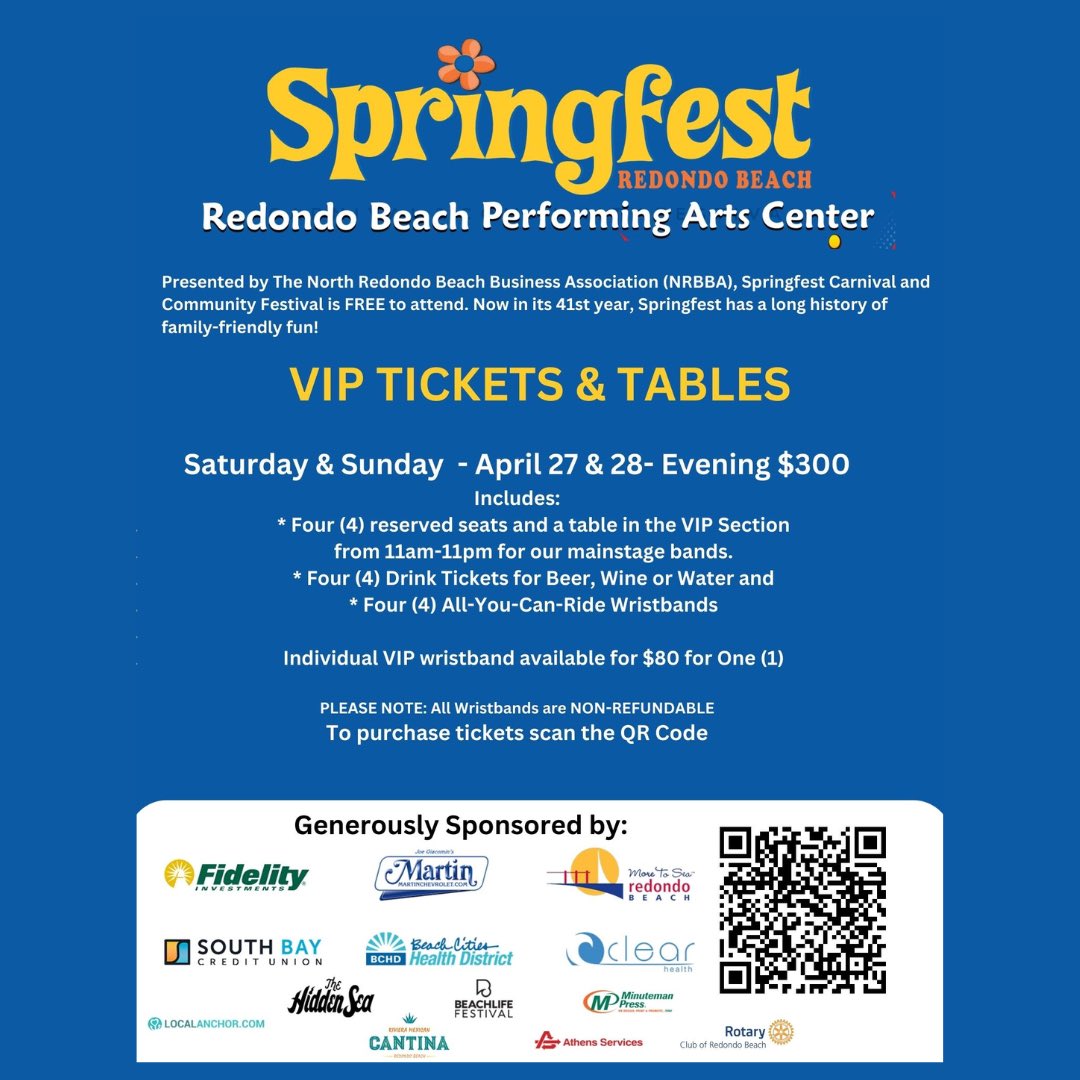 Get your VIP Ticket &amp; Tables for Springfest &amp; enjoy our mainstage entertainment in style on April 27 &amp; 28. Purchase via link in bio. Please note there is LIMITED SEATING with less than 100 tickets available. Thank you to our sponsors! 
#springfest #redondobeach #southbay #nrbba