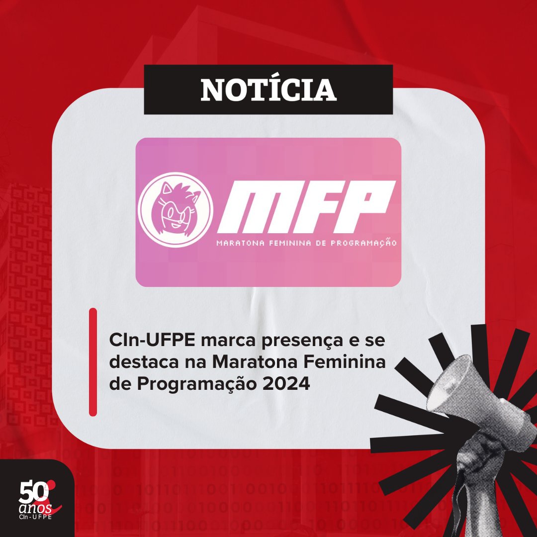 CInUFPE's tweet photo. Alunas do CIn-UFPE representam o centro e ganham destaque na Maratona Feminina de Programação 2024!

Confira: https://t.co/yPig9MMuW9

#CInUFPE #MFP #OrgulhoCIn https://t.co/hUg9RbxL8o