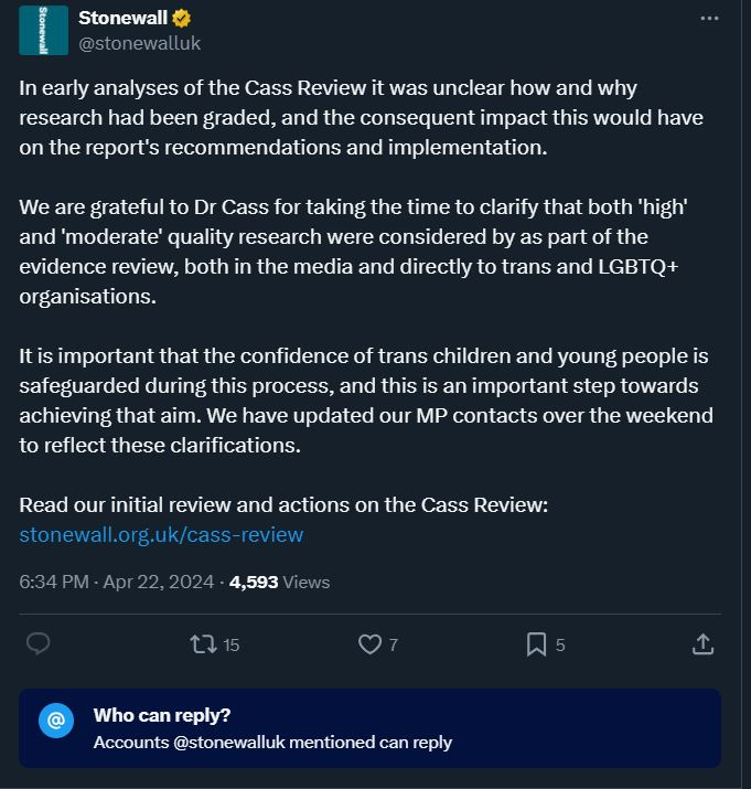 Jebadoo2's tweet photo. Oh come now Stonewall. You spread misinformation and the "clarification" was nothing of the kind. It was a correction of your lies. The Cass review and York University analysis makes perfectly clear how research was graded. You sought to mislead MPs. https://t.co/lEUclLShpj