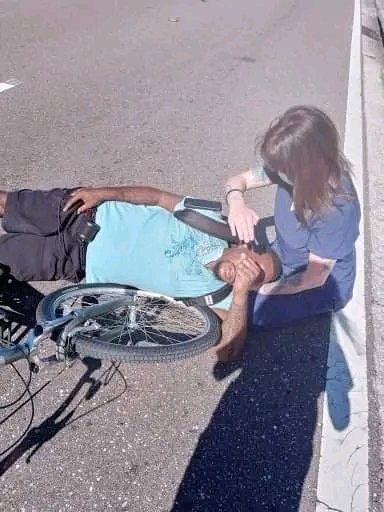 I met a man today. His name is Marcus. On my lunch break, I had the urge to go get slimjims and off I went because I just had to have them. On my way there, I noticed a man laying in the road and a bicycle. Everyone was going around him and I immediately pulled over and jumped