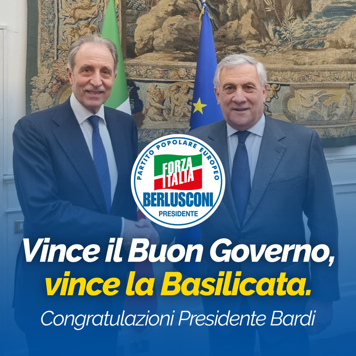 'In Basilicata ha vinto Vito Bardi. Ha vinto il candidato di Forza Italia, il centrodestra unito. Hanno vinto i lucani che hanno scelto di sostenere il nostro Buon Governo per altri 5 anni. Congratulazioni al Presidente Bardi e a tutti gli eletti.' @Antonio_Tajani