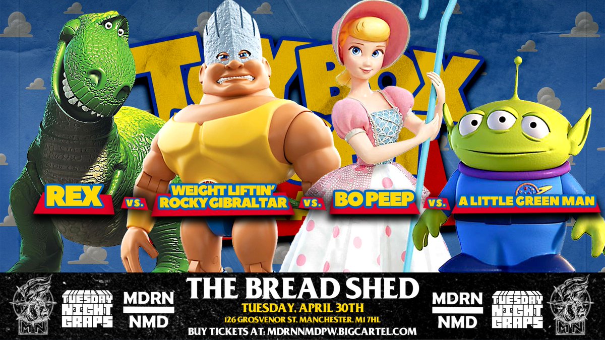 🚨MATCH ANNOUNCEMENT🚨 At TOYBOX NIGHT GRAPS it'll be Rex vs Rocky Gibraltar vs Bo Peep vs a Little Green Man in a Toybox Scramble! 30th April/The Bread Shed/Manchester Tickets; mdrnnmdpw.bigcartel.com