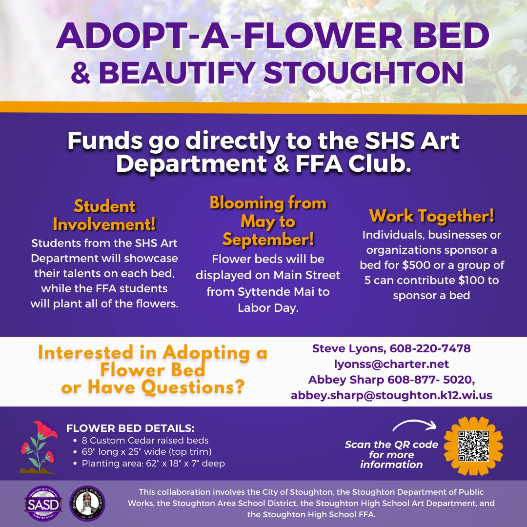 Make our community bloom this summer! 🌼 The SASD, City of Stoughton, and Stoughton Department of Public Works are teaming up for an Adopt A Flower Bed campaign!  🌻🌷
Have questions or want more info? Visit our website ow.ly/JbZp50Rlvao