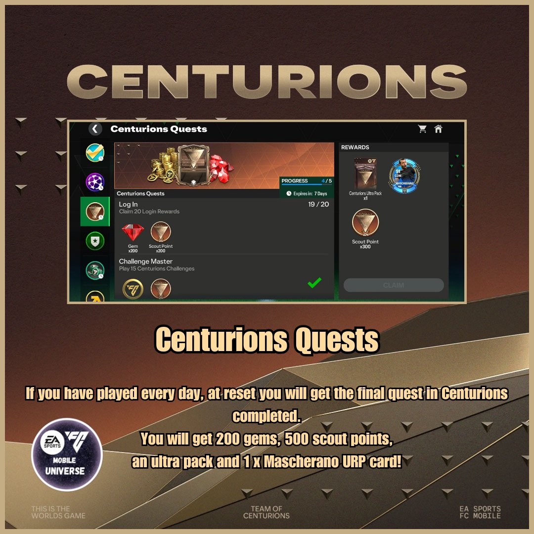 #fc24 💥 If you have played every day, you should complete the centurions Quests at next reset 🎯 You will get: 💎200 gems 500 scouting points 1 x ultra pack 1 x Mascherano URP card I am now saving my scouting points, except the 50 every other day to complete the daily tasks.