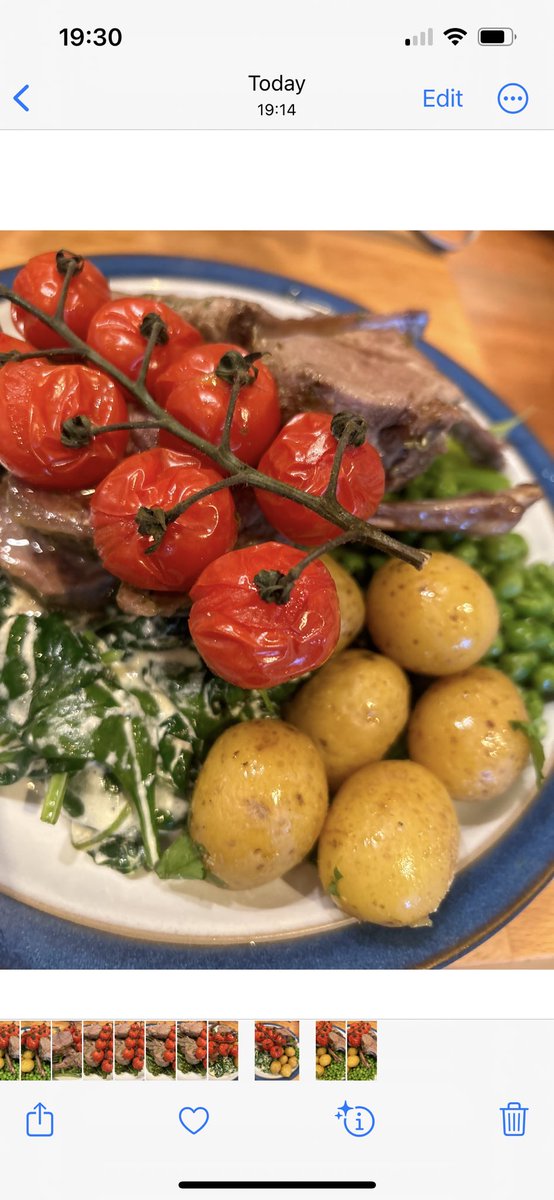 After a few weeks of eating meals anywhere but home it was nice to get back to cooking tonight: a rack of lamb with a pesto crust, baby spuds, roasted tomatoes, green beans, broccoli, creamed spinach & peas 😋