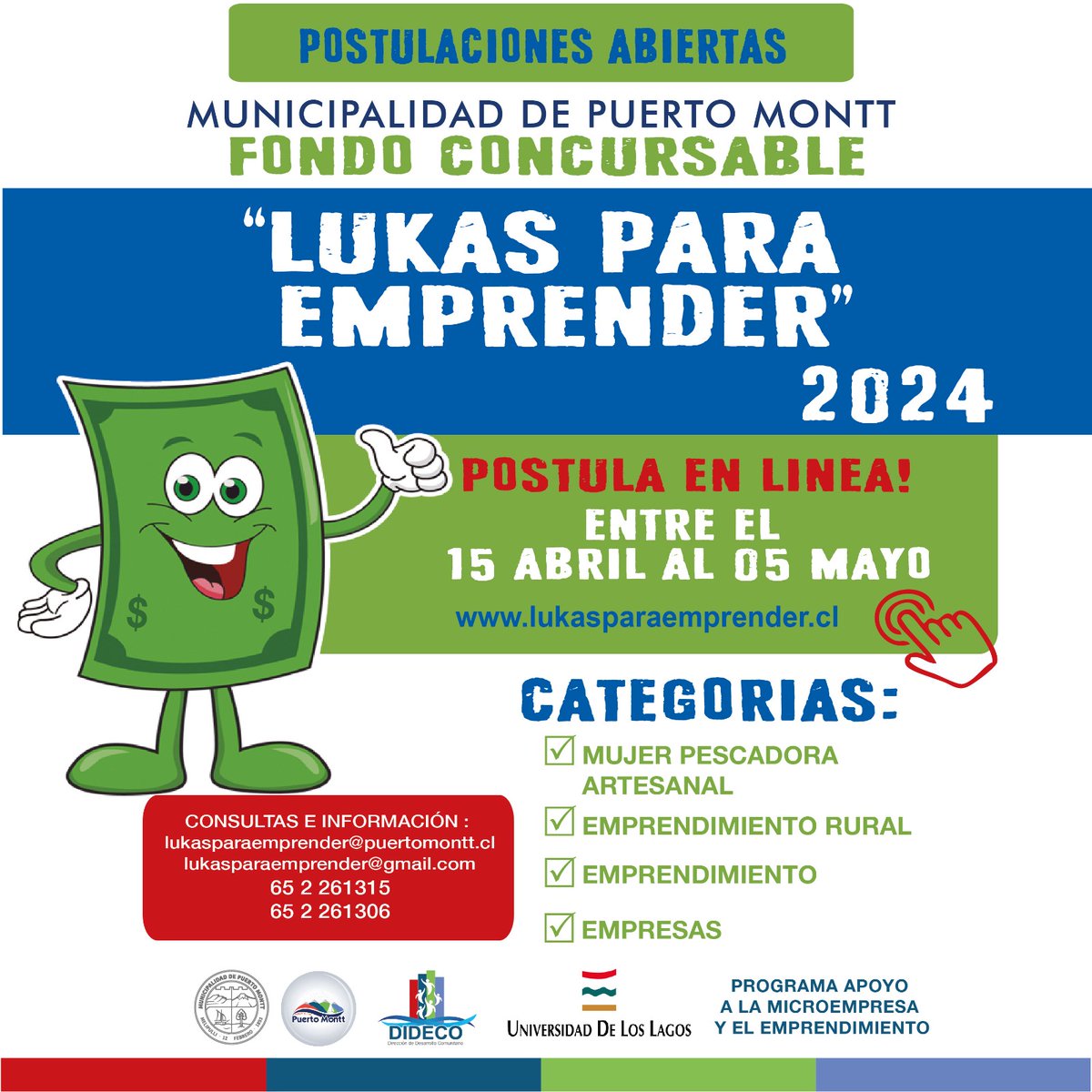 DidecoPM's tweet photo. Hasta el próximo domingo 05 de mayo se encuentran disponibles, las bases como postulaciones al Concurso "Lukas Para Emprender" #PuertoMontt 

Aquí te dejamos el detalle, categorías, como las charlas que restan.

Más información en https://t.co/AIHaBcPqZ6 https://t.co/PI4az4jlmJ