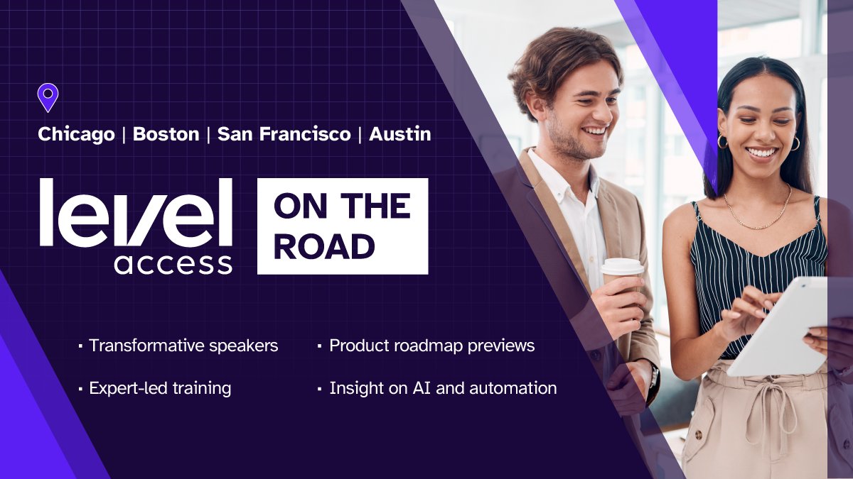 We’re getting in gear for #LevelOnTheRoad! Our one-of-a-kind event series will bring a full day of learning and networking to a city near you. Ready to accelerate your organization’s #accessibility progress? Register to join us at our upcoming stops: levelaccess.com/events/